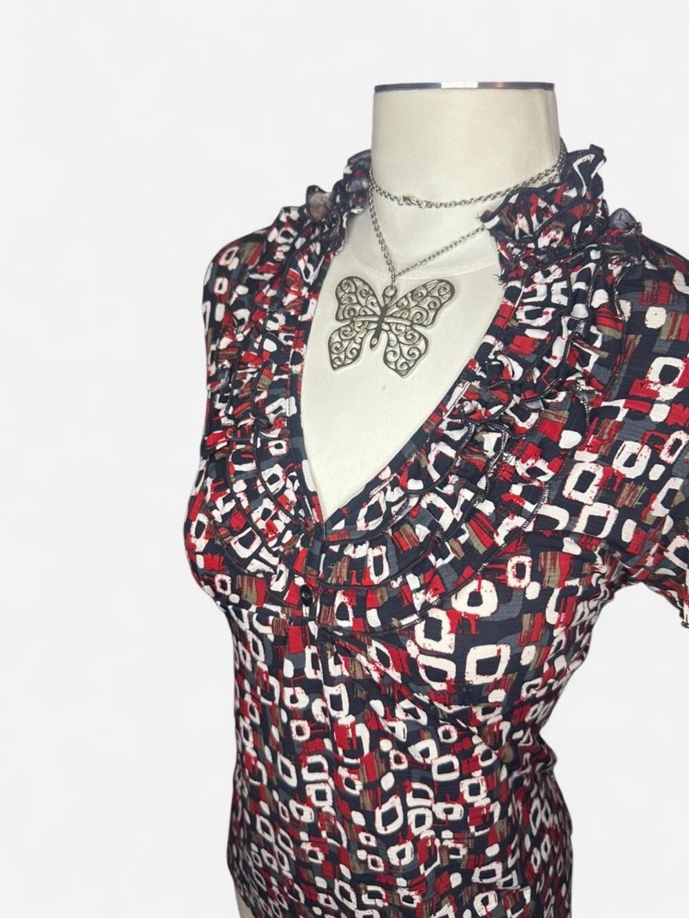 90s Ruffled V-Neck Geometric Print Top - Red & Black